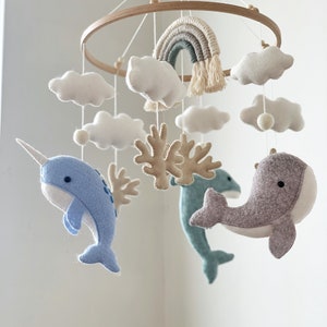 Whale Baby Mobile Nautical Nursery Decor Ocean Dolphin Sea Narwhal Rainbow Hanging Crib Mobile Baby Gift Felt image 6