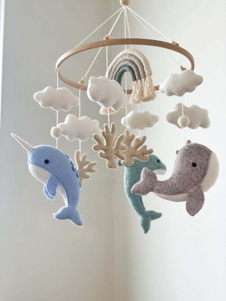 Whale Baby Mobile Nautical Nursery Decor Ocean Dolphin Sea Narwhal Rainbow Hanging Crib Mobile Baby Gift Felt image 6