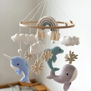 Whale Baby Mobile Nautical Nursery Decor Ocean Dolphin Sea Narwhal Rainbow Hanging Crib Mobile Baby Gift Felt image 3