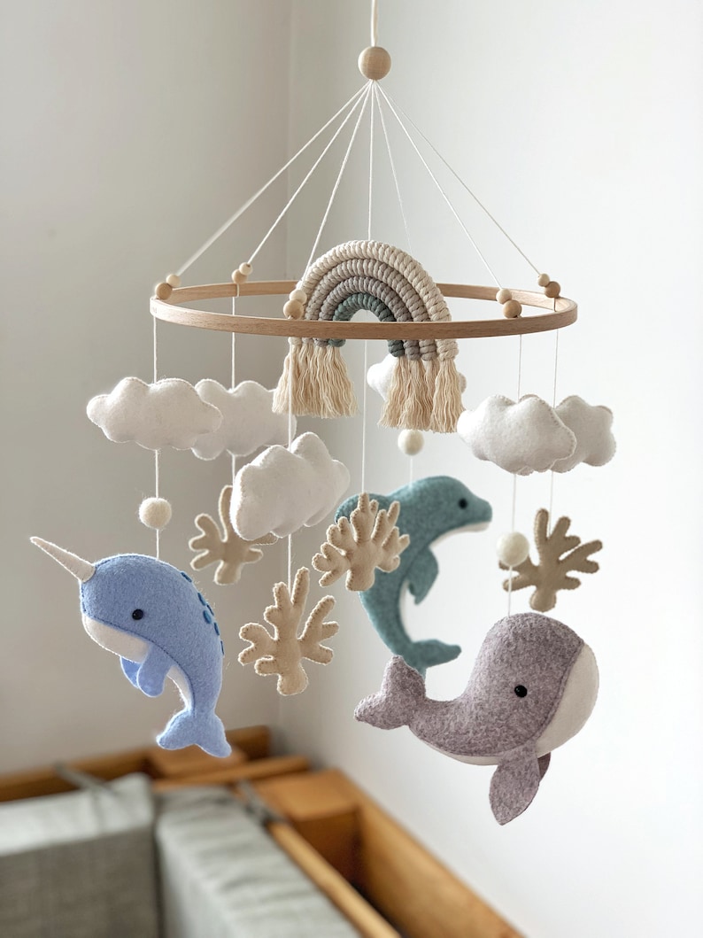 Whale Baby Mobile Nautical Nursery Decor Ocean Dolphin Sea Narwhal Rainbow Hanging Crib Mobile Baby Gift Felt image 3