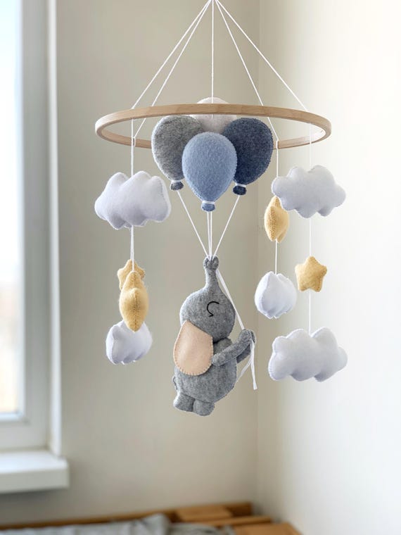 Boy Elephant Mobile, Blue Nursery Decor, Baby Shower Gift