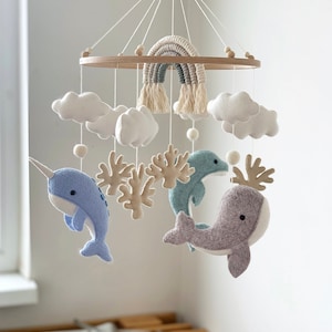 Whale Baby Mobile Nautical Nursery Decor Ocean Dolphin Sea Narwhal Rainbow Hanging Crib Mobile Baby Gift Felt image 1