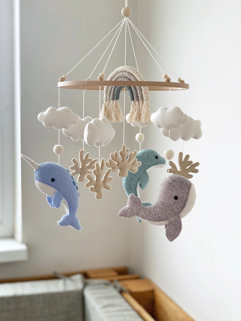 Whale Baby Mobile Nautical Nursery Decor Ocean Dolphin Sea Narwhal Rainbow Hanging Crib Mobile Baby Gift Felt image 1