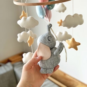 Baby Mobile with Elephant and Balloons Nursery Decor Baby Shower Gift Felt Crib Hanging Mobile image 7