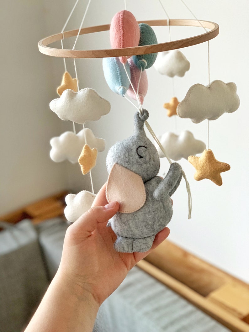 Baby Mobile with Elephant and Balloons Nursery Decor Baby Shower Gift Felt Crib Hanging Mobile image 7