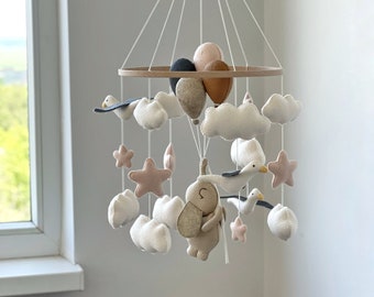 Baby crib mobile with Elephant Balloons and Seagulls neutral nursery decor stars clouds baby shower gift felt crib hanging mobile