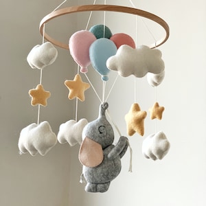 Baby Mobile with Elephant and Balloons Nursery Decor Baby Shower Gift Felt Crib Hanging Mobile image 6
