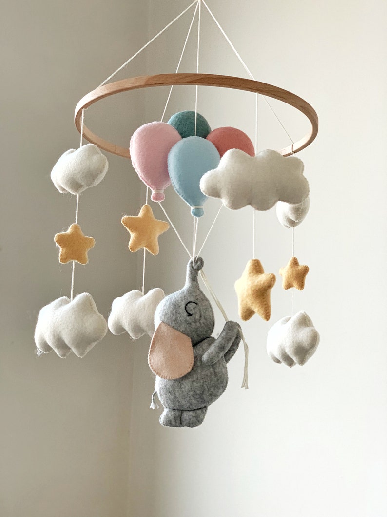 Baby Mobile with Elephant and Balloons Nursery Decor Baby Shower Gift Felt Crib Hanging Mobile image 6