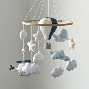 Baby Mobile Blue Nursery Mobile for Crib Sky Theme Baby Mobile Airplane Hot Air Balloon Mobile Travel Nursery Decor Baby Shower Gift Boy