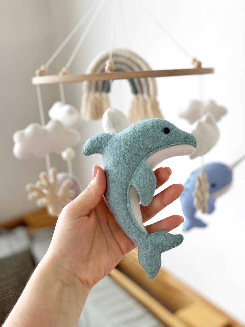 Whale Baby Mobile Nautical Nursery Decor Ocean Dolphin Sea Narwhal Rainbow Hanging Crib Mobile Baby Gift Felt image 8