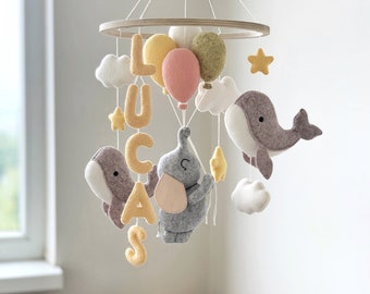 Elephant baby mobile, Personalized Whale Nursery Mobile, Nursery Decor, Felt boy girl baby mobile