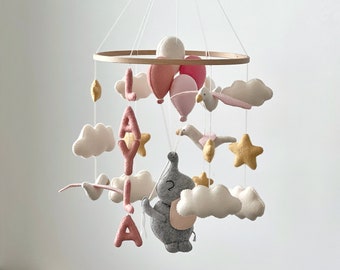 Baby girl mobile elephant nursery decor personalized baby girl gift newborn nursery mobile crib pink stars clouds baby shower gift seagulls