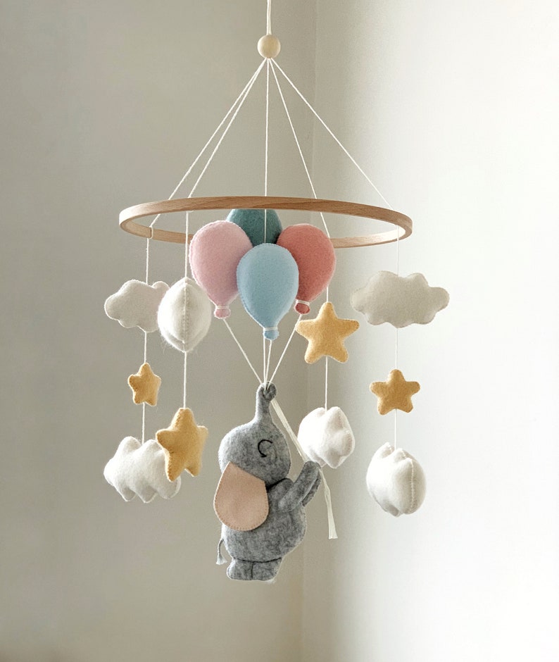 Baby Mobile with Elephant and Balloons Nursery Decor Baby Shower Gift Felt Crib Hanging Mobile image 9