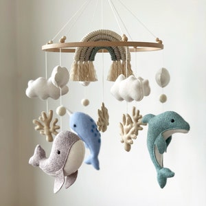 Whale Baby Mobile Nautical Nursery Decor Ocean Dolphin Sea Narwhal Rainbow Hanging Crib Mobile Baby Gift Felt image 2