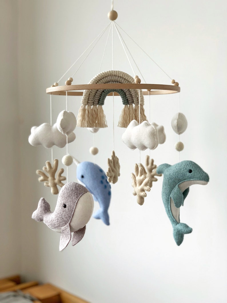 Whale Baby Mobile Nautical Nursery Decor Ocean Dolphin Sea Narwhal Rainbow Hanging Crib Mobile Baby Gift Felt image 2