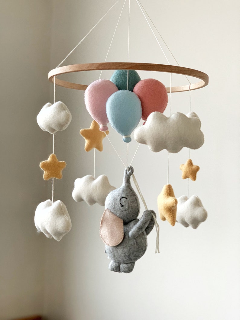Baby Mobile with Elephant and Balloons Nursery Decor Baby Shower Gift Felt Crib Hanging Mobile image 8