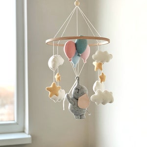 Baby Mobile with Elephant and Balloons Nursery Decor Baby Shower Gift Felt Crib Hanging Mobile image 4