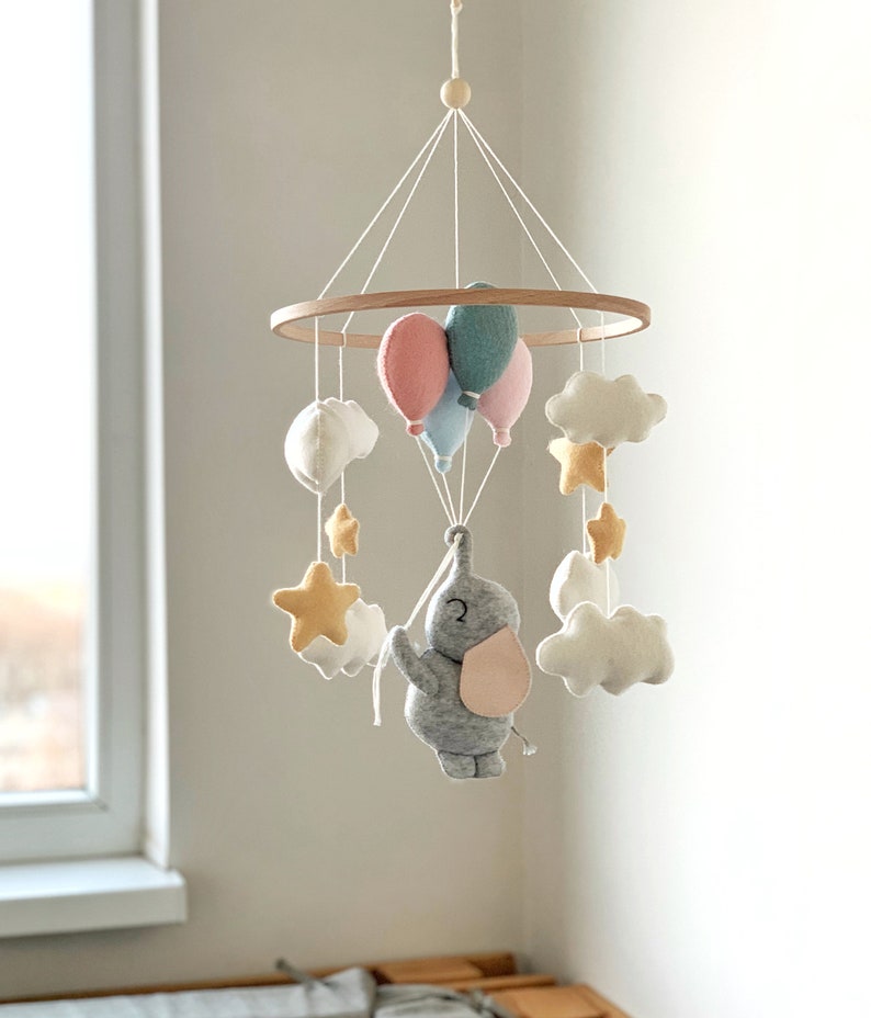 Baby Mobile with Elephant and Balloons Nursery Decor Baby Shower Gift Felt Crib Hanging Mobile image 4