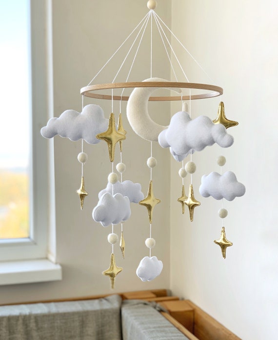 Baby Mobile Stars Nursery Decor Moon Felt Crib Mobile Boy Girl Baby Shower  Gift Gold 