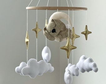 Guardería bebé móvil con conejito luna estrellas y nubes colgando cuna móvil decoración de la guardería neutral baby shower regalo bebé niño niña móvil