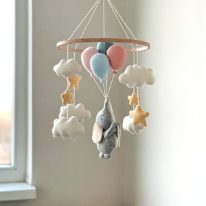 Baby Mobile with Elephant and Balloons Nursery Decor Baby Shower Gift Felt Crib Hanging Mobile image 2
