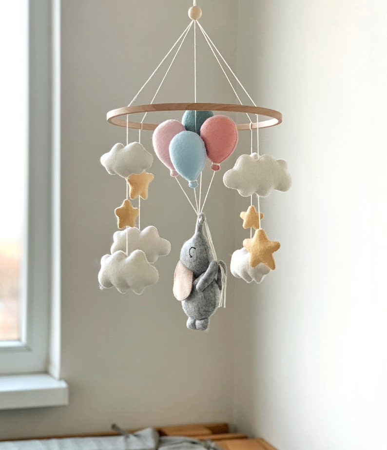 Baby Mobile with Elephant and Balloons Nursery Decor Baby Shower Gift Felt Crib Hanging Mobile image 2