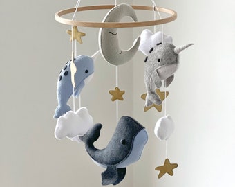 Baby crib mobile ocean theme nursery decor whale baby shower gift newborn present baby boy mobile narwhal moon stars clouds felt mobile