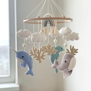 Whale Baby Mobile Nautical Nursery Decor Ocean Dolphin Sea Narwhal Rainbow Hanging Crib Mobile Baby Gift Felt image 5