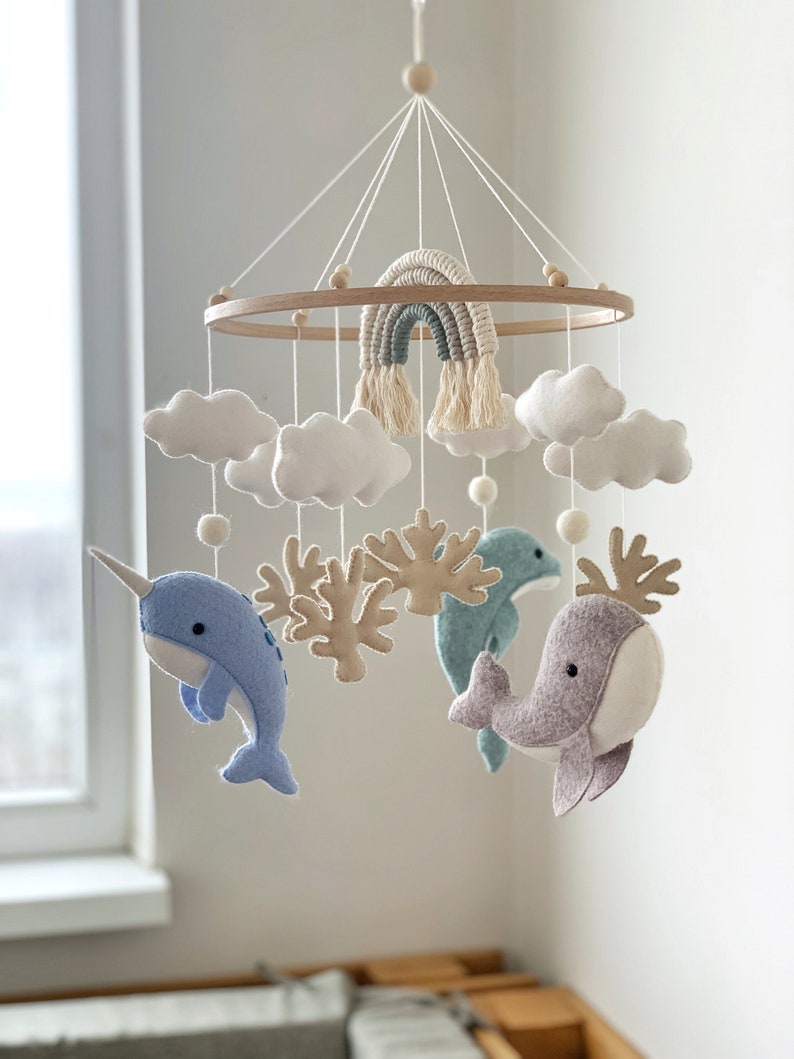 Whale Baby Mobile Nautical Nursery Decor Ocean Dolphin Sea Narwhal Rainbow Hanging Crib Mobile Baby Gift Felt image 5