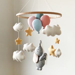 Baby Mobile with Elephant and Balloons Nursery Decor Baby Shower Gift Felt Crib Hanging Mobile image 5