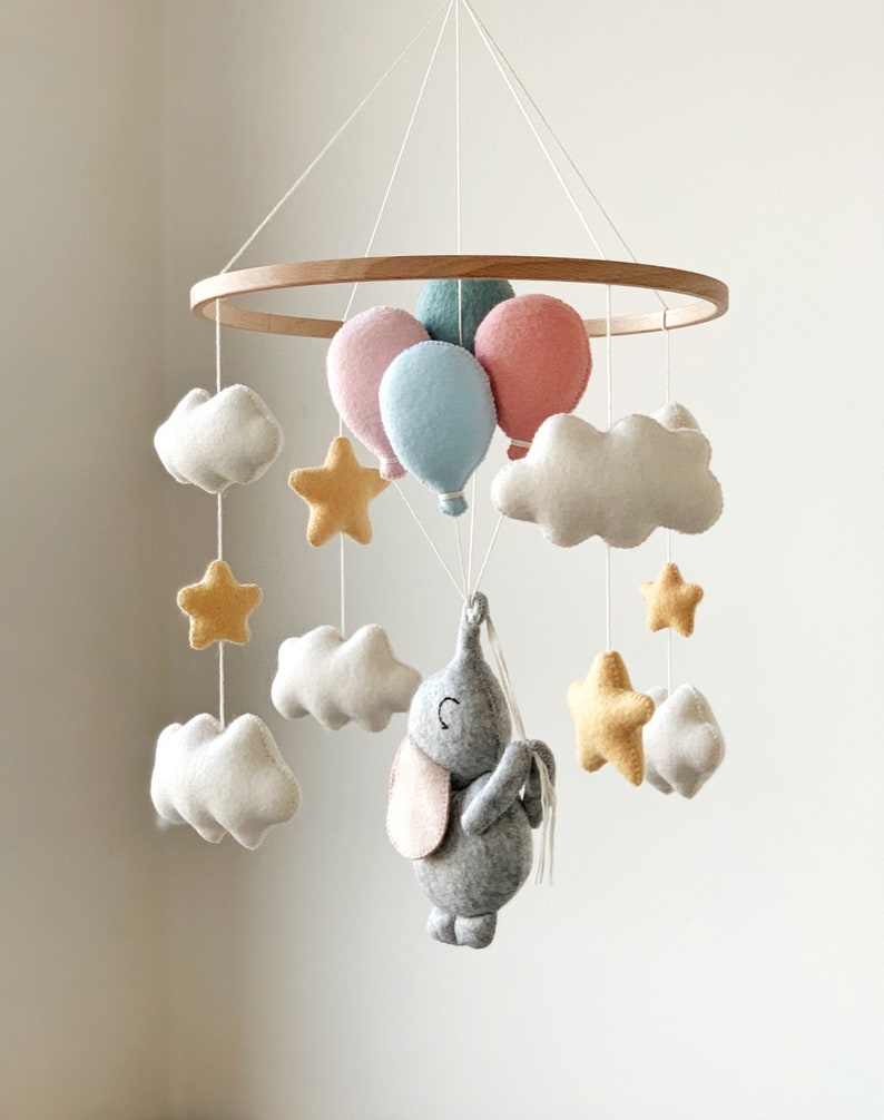 Baby Mobile with Elephant and Balloons Nursery Decor Baby Shower Gift Felt Crib Hanging Mobile image 5