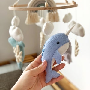 Whale Baby Mobile Nautical Nursery Decor Ocean Dolphin Sea Narwhal Rainbow Hanging Crib Mobile Baby Gift Felt image 7