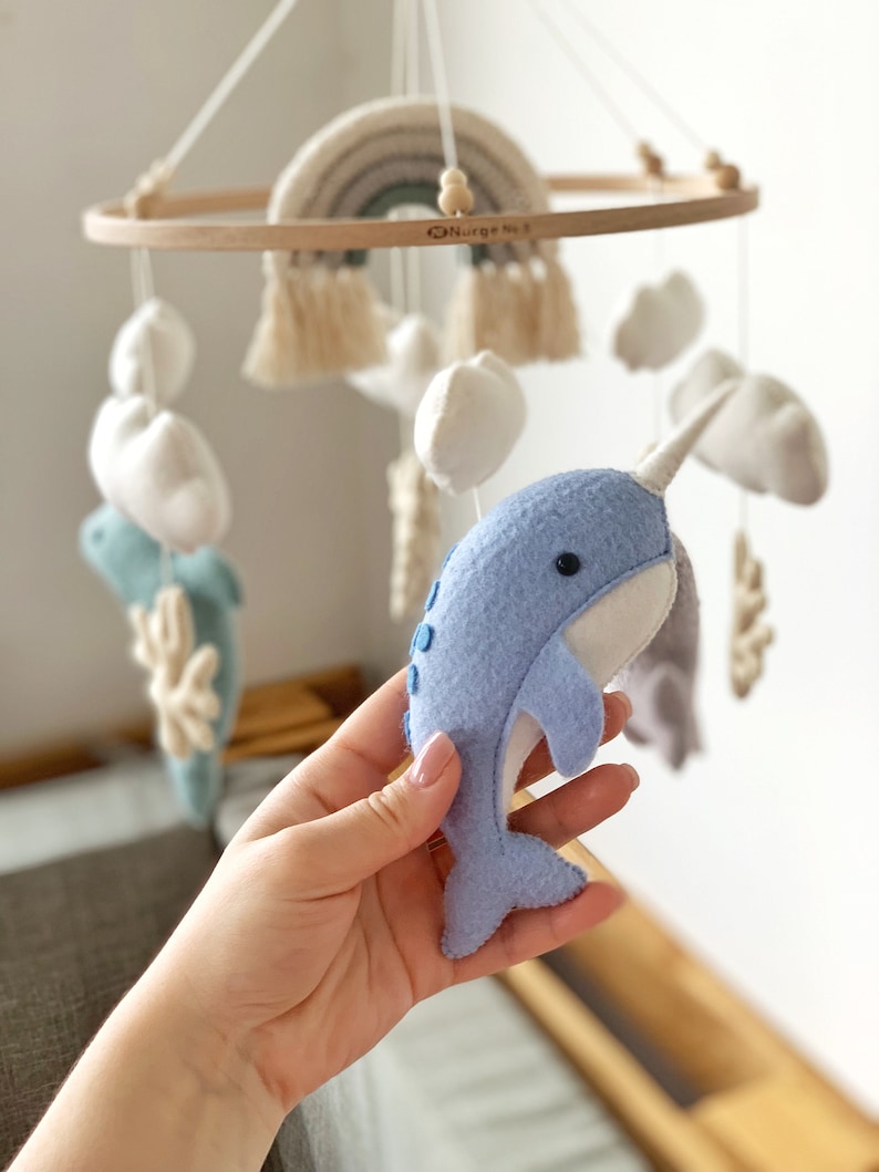 Whale Baby Mobile Nautical Nursery Decor Ocean Dolphin Sea Narwhal Rainbow Hanging Crib Mobile Baby Gift Felt image 7