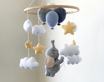 Mobile bébé éléphant éléphant avec ballons Hamming déco chambre de bébé en feutre mobile garçon cadeau de shower de bébé