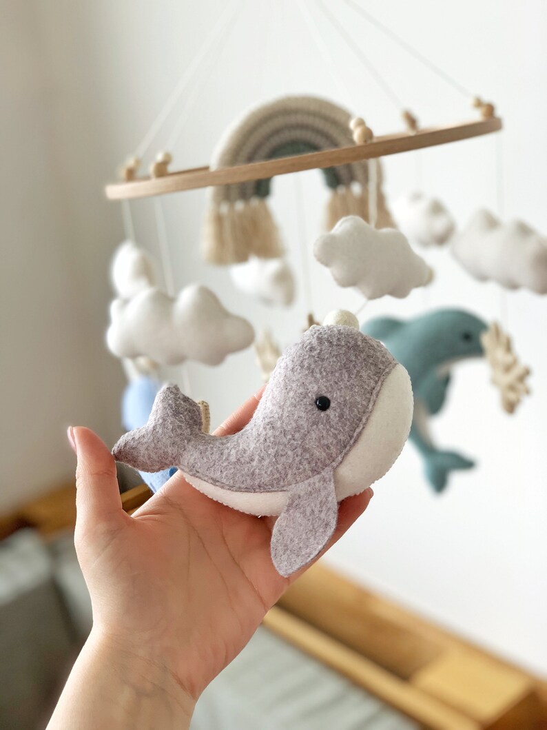 Whale Baby Mobile Nautical Nursery Decor Ocean Dolphin Sea Narwhal Rainbow Hanging Crib Mobile Baby Gift Felt image 9