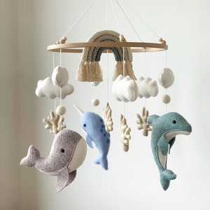 Whale Baby Mobile Nautical Nursery Decor Ocean Dolphin Sea Narwhal Rainbow Hanging Crib Mobile Baby Gift Felt image 4