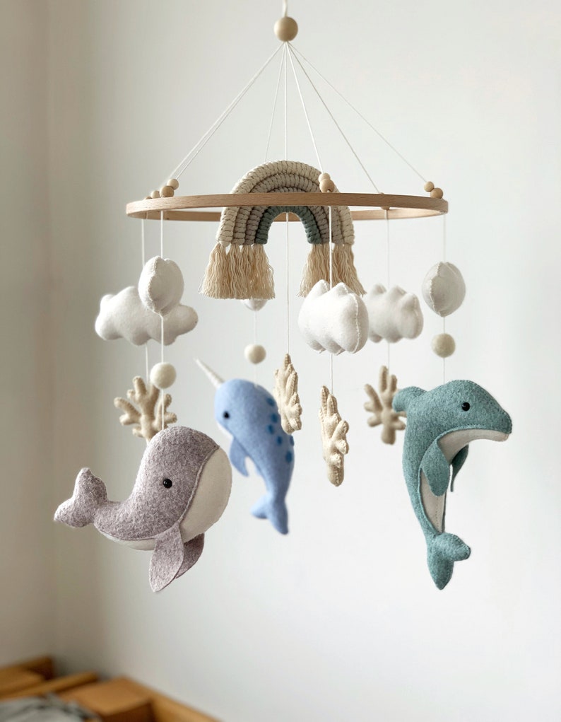 Whale Baby Mobile Nautical Nursery Decor Ocean Dolphin Sea Narwhal Rainbow Hanging Crib Mobile Baby Gift Felt image 4