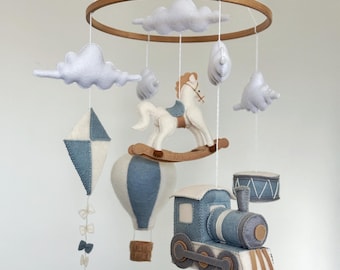 Train Baby Mobile, Hot Air Balloon Nursery Decor, Baby Boy Baptism Gift