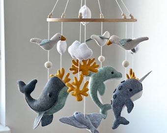 Ocean baby nursery mobile with whale dolphin narwhal nautical nursery decor hanging crib mobile sea ocean nursery decor baby shower gift