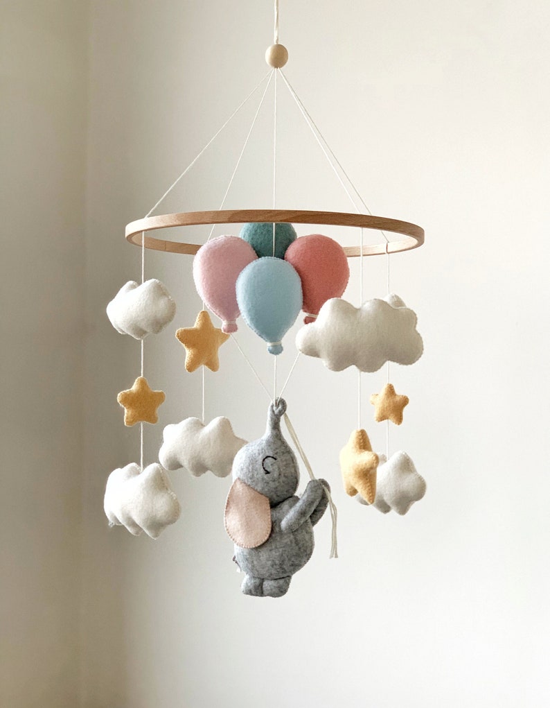 Baby Mobile with Elephant and Balloons Nursery Decor Baby Shower Gift Felt Crib Hanging Mobile image 1