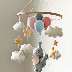 Baby Mobile with Elephant and Balloons Nursery Decor Baby Shower Gift Felt Crib Hanging Mobile image 3