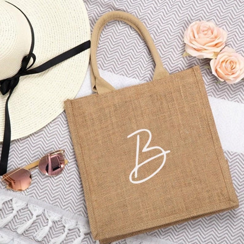 Burlap Initial Tote Bag Personalized Tote Large | Etsy