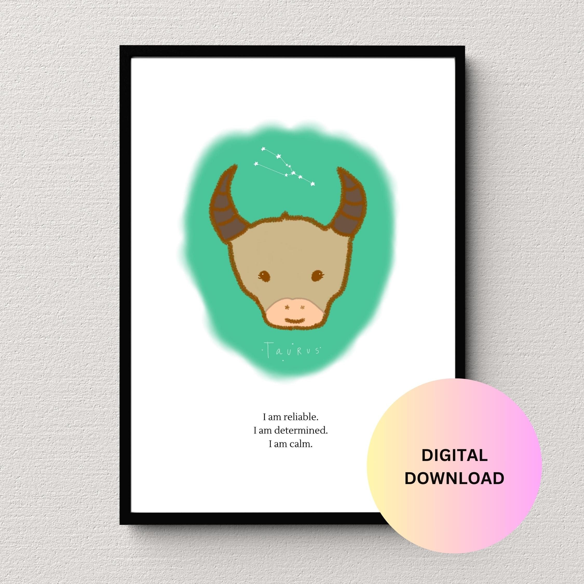 Taurus Wall Art Zodiac Kids Print Taurus Kids Print Taurus Etsy