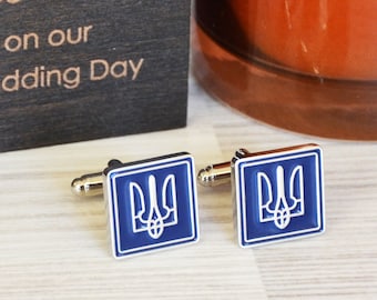 Ukraine Cufflinks for Men, Ukrainian Blue Trident Cufflinks Gift for Husband, Ukrainian Coat of Arms Tryzub Jewelry, Ukrainian Gift for Him