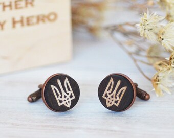 Wooden Trident Cufflinks I Stand with Ukraine Gifts, Ukrainian Coat of Arms Cufflinks Peace in Ukraine, Ukrainian Tryzub Wood Cufflinks