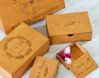 Wooden Personalized Memory Gift Box for Letters and Wedding Photos, Keepsake Box for Him and Her, First Anniversary Gift for Couple