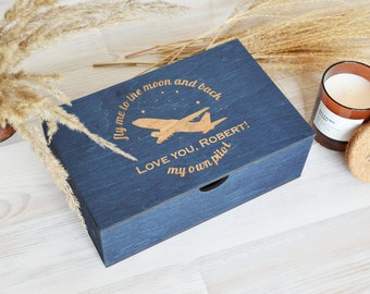 Pilot Birthday Gift Box for Him, Aviation Memory Gift Box for Husband or Boyfriend, Empty Wooden Graduation Gift Box for Flight Attendant