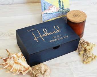 Wedding Gift Box for Husband, Memory Box for Men, Small Navy Blue Gift Box for Him, Personalized Box for Gift from Bride, Custom Gift Box