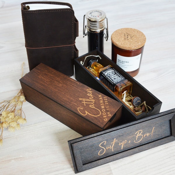 Aangepaste gepersonaliseerde stalknecht voorstel sigaar geschenkdoos, lege beste man geschenkdoos, gegraveerde houten kist voor bruidsjonkers cadeauset sigaren en whisky