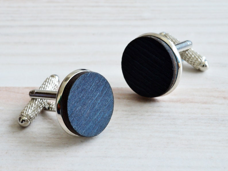 Rustic Accessories Navy Wood Silver Cufflinks as Goomsmen Proposal in Custom Box Wooden Cufflinks as Groom Rustic Wedding Gift from Bride